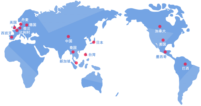 美国, 加拿大, 墨西哥, 巴西, 中国, 日本, 台湾, 泰国, 新加坡, 英国, 丹麦, 荷兰, 比利时, 德国, 西班牙