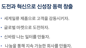 도전과 혁신으로 신성장 동력 창출 - 세계일류 제품으로 고객을 감동시키자, 글로벌 마켓으로 도전하자, 신바람 나는 일터를 만들자, 나눔을 통해 지속 가능한 회사를 만들자